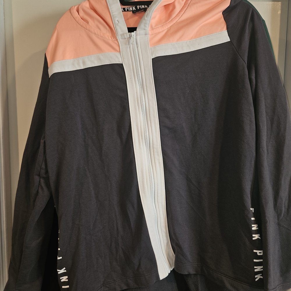 PINK Victoria's Color BlockHoodie.  Sherbet Orange. Gray, And White.
